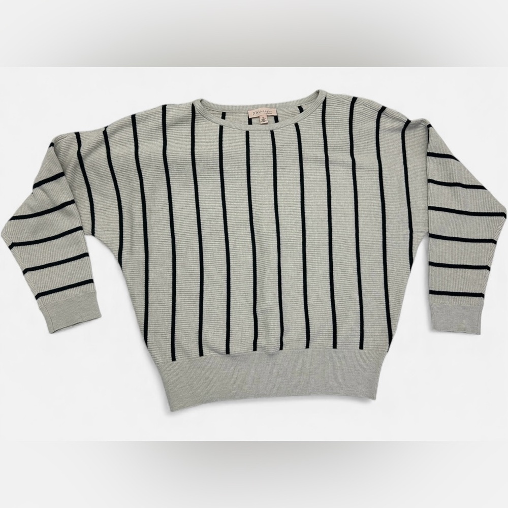 Philosophy Womens Large Cream/Black Striped Drop Shoulder Crew Soft Cozy Sweater - Picture 4 of 9